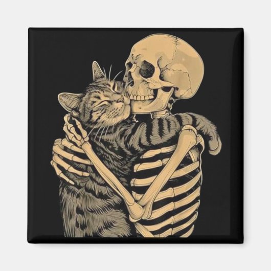 Skeleton Hugging Cat – Cute Gothic Cat Lover Gift Magnet (Vorne)