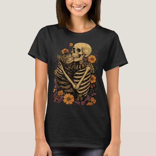 Skeleton Hugging Cat Floral Halloween Cats Lover T-Shirt (Vorderseite)