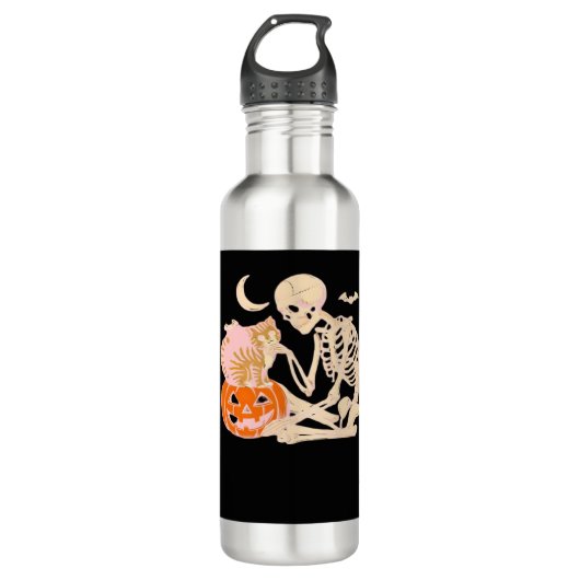 Skeleton Hugging Cat Halloween Cat Lover Cat Class Edelstahlflasche (Vorderseite)
