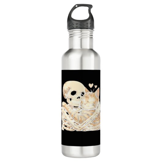 Skeleton Hugging Cat Halloween Cat Lover Cat Mom D Edelstahlflasche (Vorderseite)