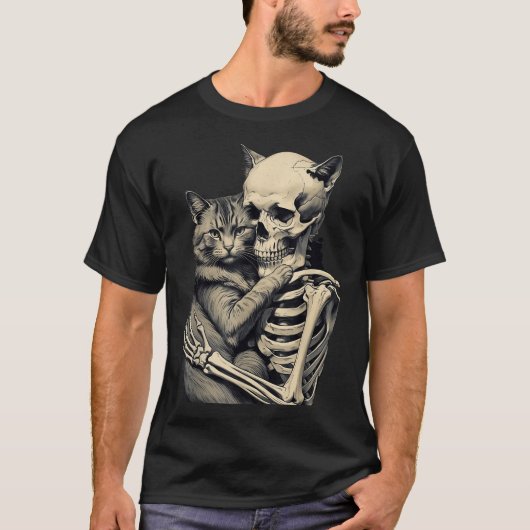 Skeleton Hugging Cat Lover Halloween Apparel T-Shirt (Vorderseite)