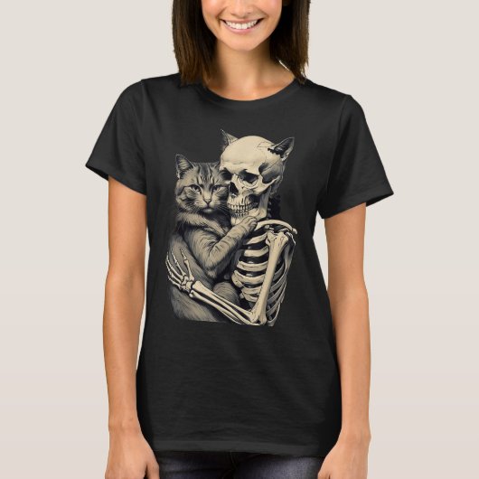 Skeleton Hugging Cat Lover Halloween T-Shirt Funny (Vorderseite)