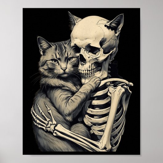 Skeleton Hugging Cat Lover Halloween T-Shirt Funny Poster (Vorne)