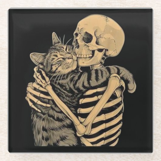 Skeleton Hugging Cat - Niedliches Gothic Cat Lover Glasuntersetzer (Vorderseite)