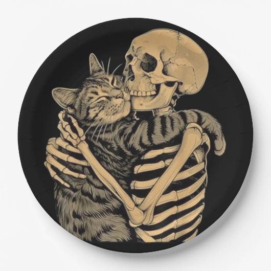 Skeleton Hugging Cat - Niedliches Gothic Cat Lover Pappteller (Vorderseite)