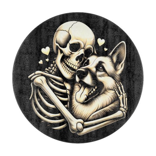 Skeleton Hugging Dog Halloween German Shepherd Schneidebrett (Vorderseite)
