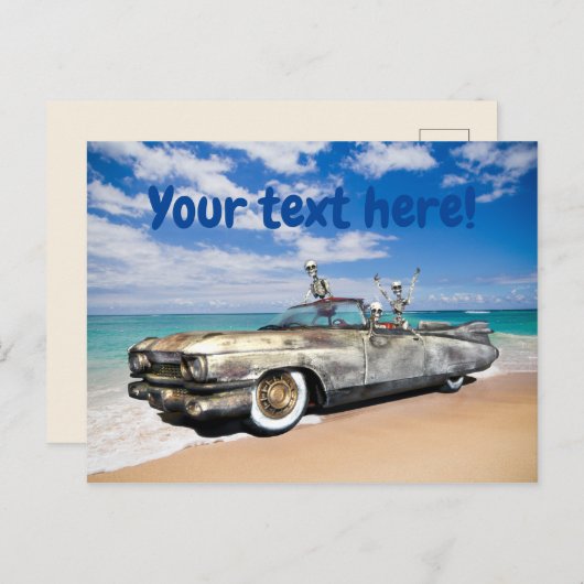 Skeleton Joyride Old Car on Beach Funny Postkarte (Vorne/Hinten)