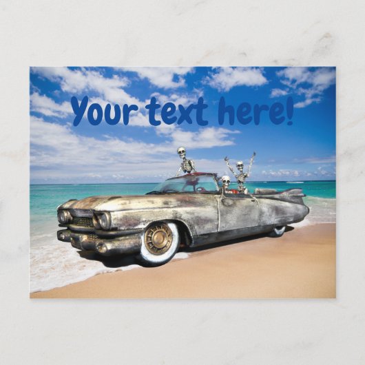 Skeleton Joyride Old Car on Beach Funny Postkarte (Vorderseite)