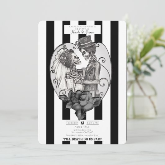 Skeleton Liebe Ehetanz Gotische Hochzeit Einladung (Stehend Vorderseite)