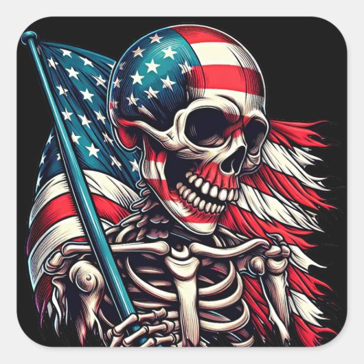 Skeleton Man Tattered American USA Flag patriotisc Quadratischer Aufkleber (Vorderseite)