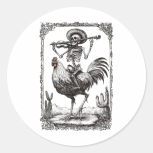 Skeleton Mariachi Bynd Rooster Mexico Fiesta Cinco Runder Aufkleber