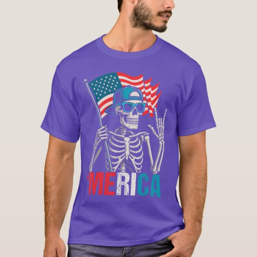 Skeleton Merica Rock American Flag Patriotic USA 4 T-Shirt (Vorderseite)
