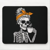Skeleton Messy Bun Drinking Coffee Halloween Costu Mousepad (Vorne)