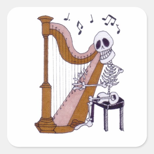 Skeleton Musician Skeleton Harp Player Harpist Quadratischer Aufkleber (Vorderseite)
