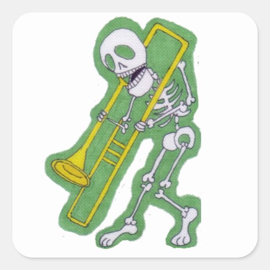Skeleton Musician Skeleton Trombone Player Quadratischer Aufkleber (Vorderseite)