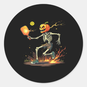 Skeleton Pickleball Halloween Spooky Sports Runder Aufkleber