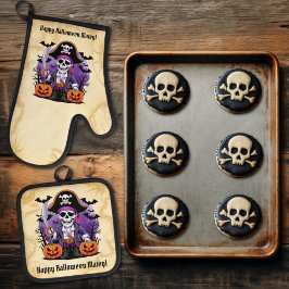 Skeleton Pirate Happy Halloween Matey Ofenhandschuh & Topflappen-Set