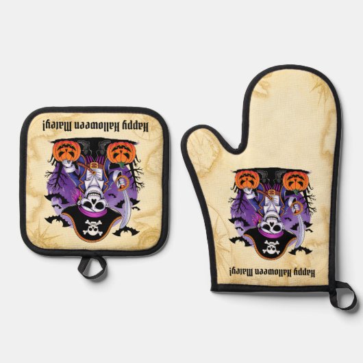 Skeleton Pirate Happy Halloween Matey Ofenhandschuh & Topflappen-Set (Vorderseite)