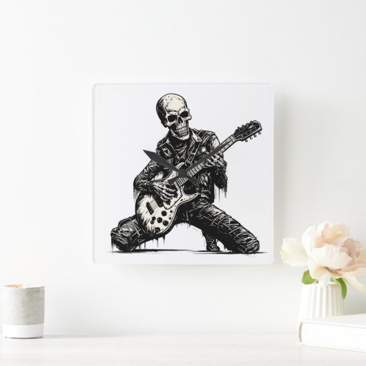  skeleton playing an electric guitar quadratische wanduhr (Zuhause)