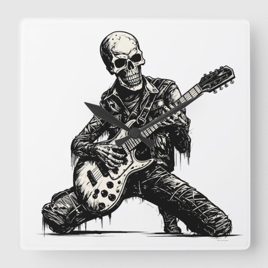  skeleton playing an electric guitar quadratische wanduhr (Vorderseite)