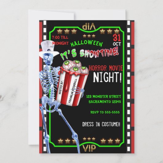 Skeleton Popcorn Eyeballs Halloween Movie Night Einladung (Vorderseite)