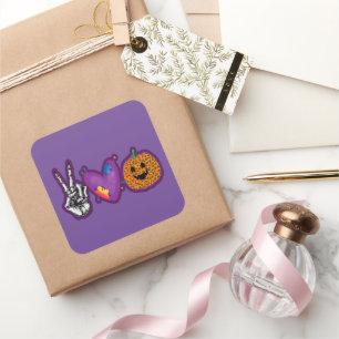 Skeleton Pumpkin Peace Liebe Halloween Quadratischer Aufkleber
