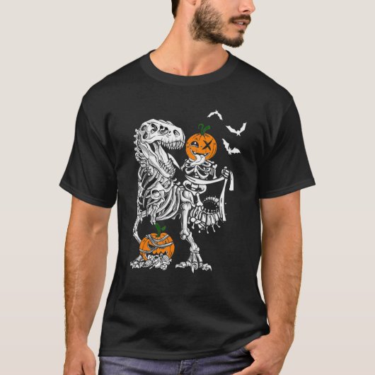 Skeleton Pumpkin Riding Art Dinosaur T Rex Hallowe T-Shirt (Vorderseite)