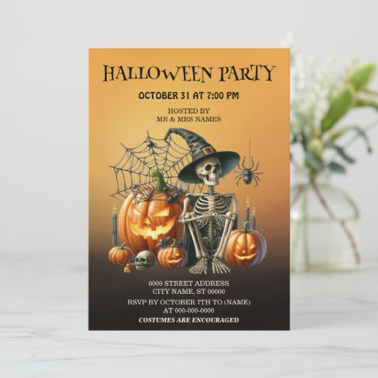 Skeleton Pumpkins Halloween-Party Einladung (Stehend Vorderseite)