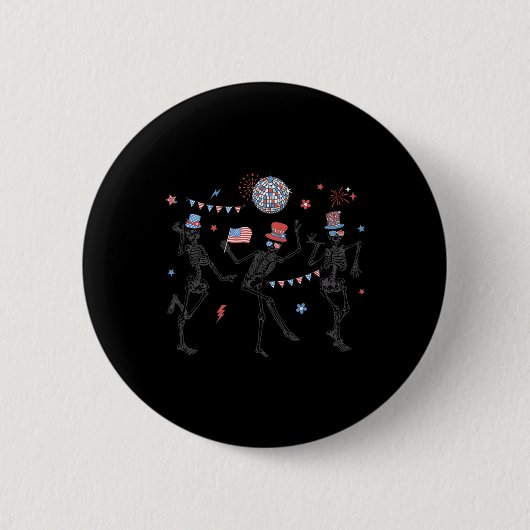 Skeleton Retro 4. Juli American Flag Skellies Button (Vorderseite)