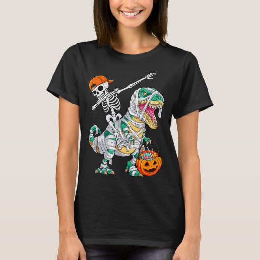 Skeleton Riding Dancing Dab Dinosaur T Rex Hallowe T-Shirt (Vorderseite)