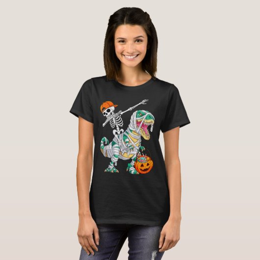 Skeleton Riding Dancing Dab Dinosaur T Rex Hallowe T-Shirt (Vorne ganz)