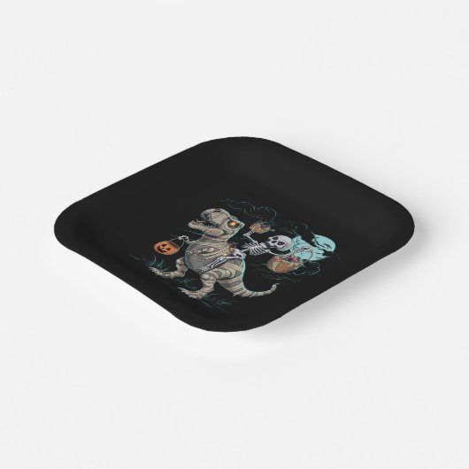 Skeleton Riding Dinosaur T rex Halloween Pumpkin Pappteller (Gewinkelt)