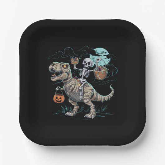 Skeleton Riding Dinosaur T rex Halloween Pumpkin Pappteller (Vorderseite)