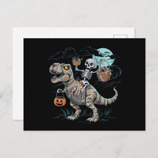 Skeleton Riding Dinosaur T rex Halloween Pumpkin Postkarte (Vorne/Hinten)