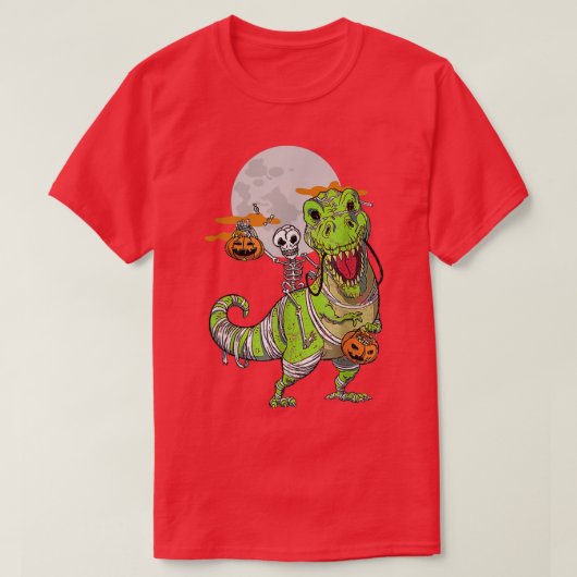 Skeleton Riding Mummy Dinosaur Funny Halloween Cos T-Shirt (Design vorne)