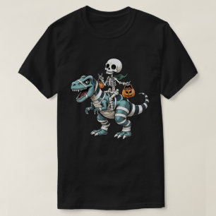 Skeleton Riding Mummy Dinosaur Funny Halloween T-Shirt