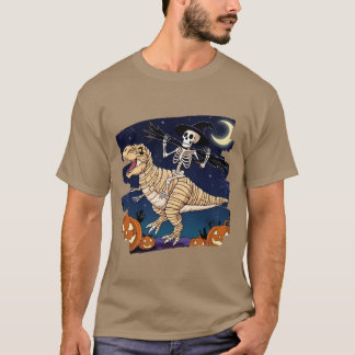Skeleton Riding Mummy Dinosaur Halloween Funny T-Shirt