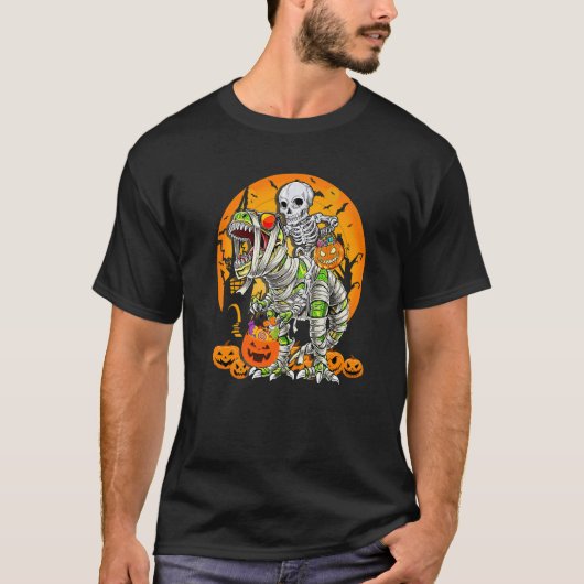 Skeleton Riding Mummy Dinosaur rex Halloween  Pump T-Shirt (Vorderseite)