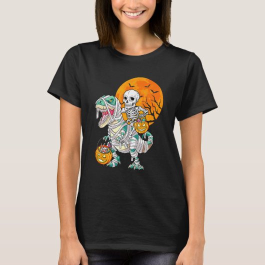 Skeleton Riding Mummy Dinosaur Rex Halloween  Pump T-Shirt (Vorderseite)