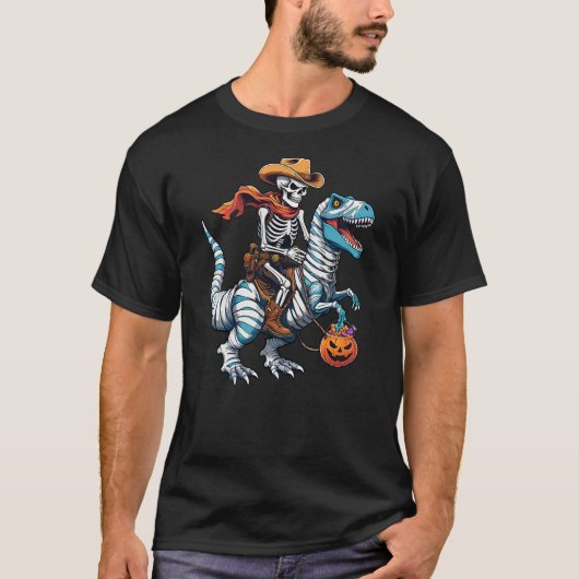 Skeleton Riding Mummy Dinosaur T-rex Funny Hallowe T-Shirt (Vorderseite)