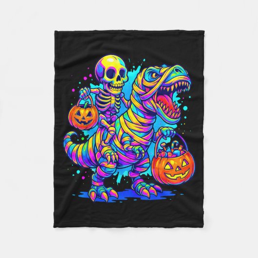 Skeleton Riding Mummy Dinosaur T Rex Halloween Fun Fleecedecke (Vorderseite)