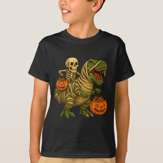 Skeleton Riding Mummy Dinosaur T Rex Halloween Fun T-Shirt (Vorderseite)