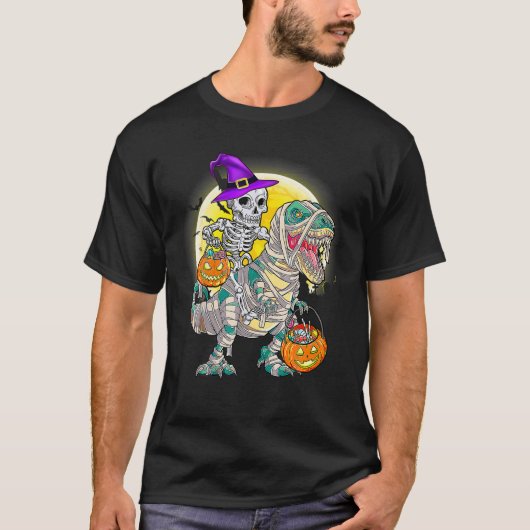 Skeleton Riding Mummy Dinosaur T Rex Halloween Fun T-Shirt (Vorderseite)