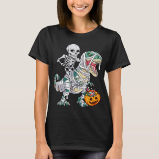 Skeleton Riding Mummy Dinosaur T rex Halloween Kin T-Shirt