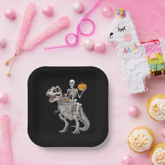 Skeleton Riding Mummy Dinosaur T rex Halloween Pappteller (Party)