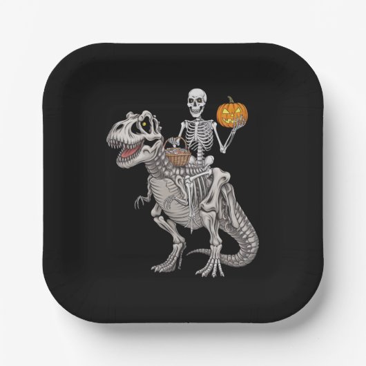Skeleton Riding Mummy Dinosaur T rex Halloween Pappteller (Vorderseite)