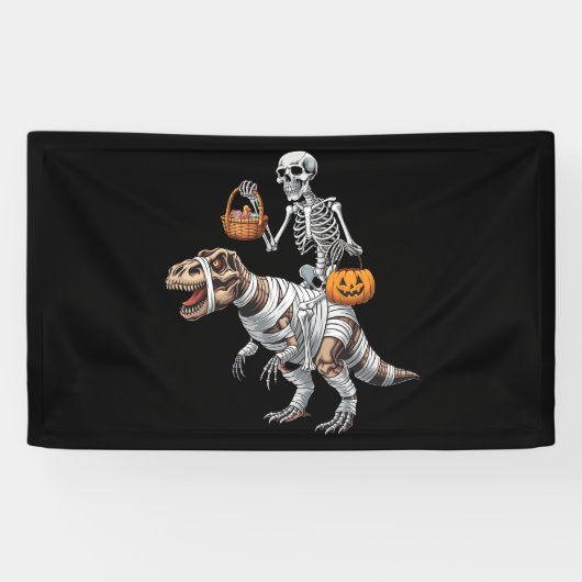Skeleton Riding Mummy Dinosaur T rex Halloween Spa Banner (Horizontal)