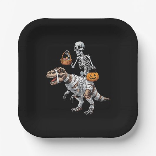 Skeleton Riding Mummy Dinosaur T rex Halloween Spa Pappteller (Vorderseite)