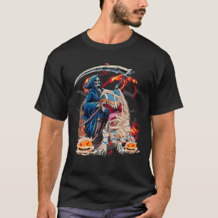 Skeleton Riding Mummy Dinosaur T Rex Halloween Spa T-Shirt