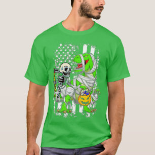 Skeleton Riding Mummy Dinosaur T rex Halloween Spa T-Shirt